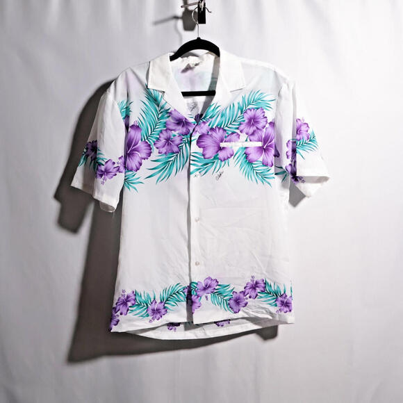 VTG 60s Royal Creations Hawaii Floral Tropical Purple White Button Up Top Mens M - Picture 1 of 6